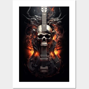 Guitar Skull on fire Posters and Art